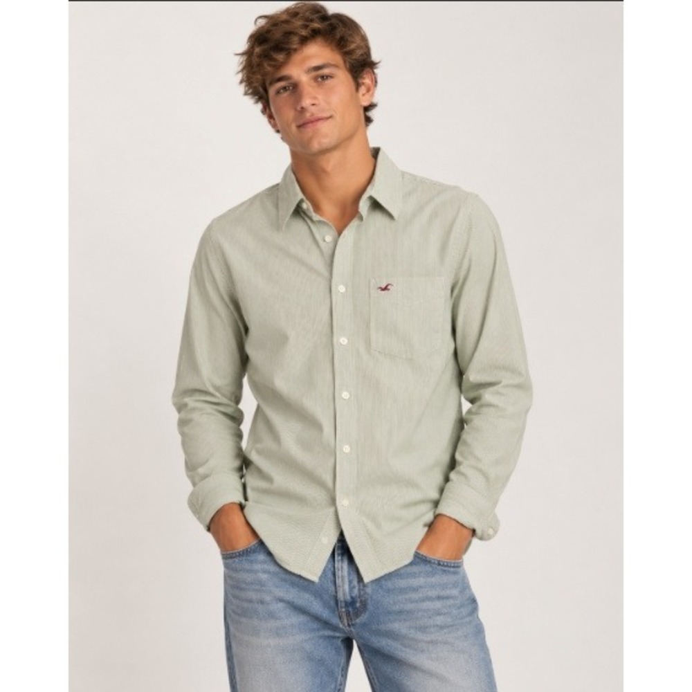 Hollister Button Down Shirt Large Green White Striped Long Sleeve Cotton Preppy
